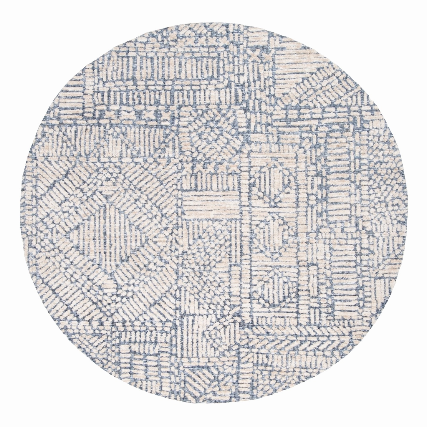Karmen Blue and Ivory Geometric Patterned Round Rugmodern color block patchwork rug