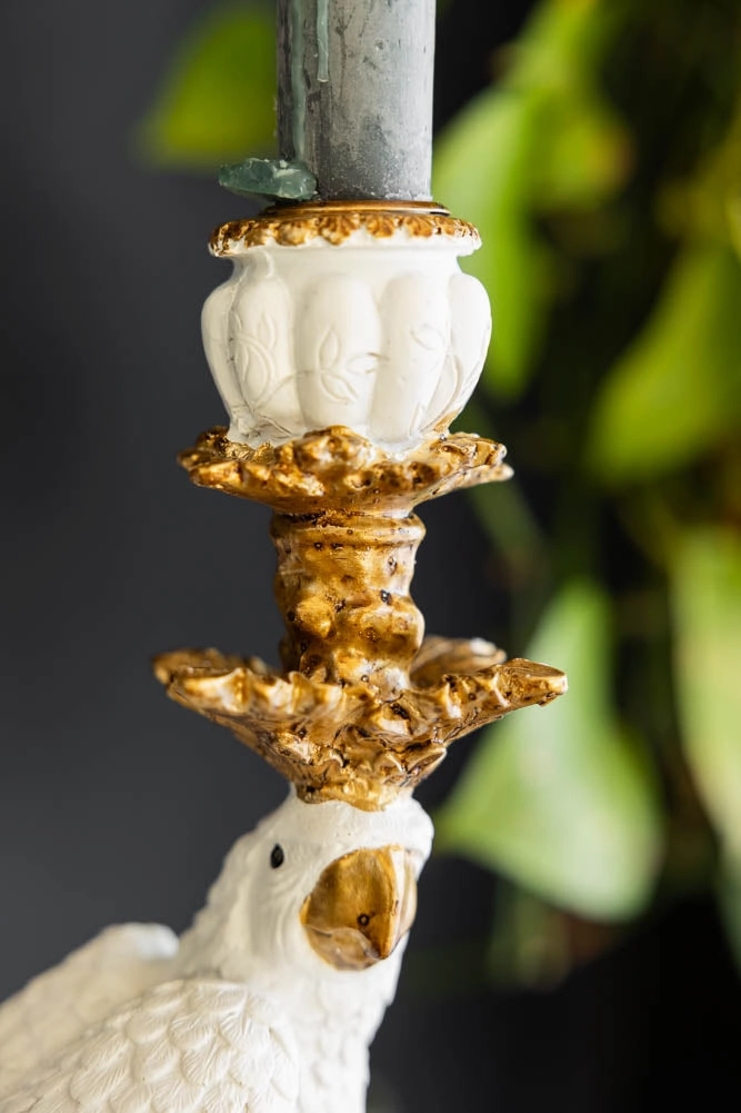 Large White Ornate Parrot Candlestick Holder