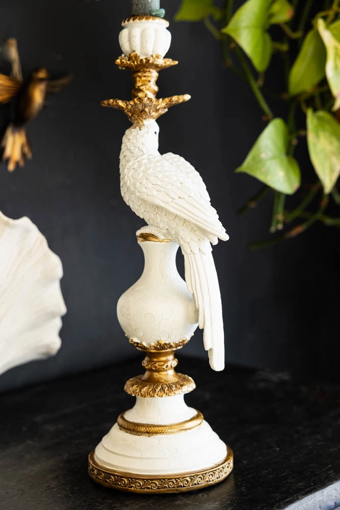 Large White Ornate Parrot Candlestick Holder