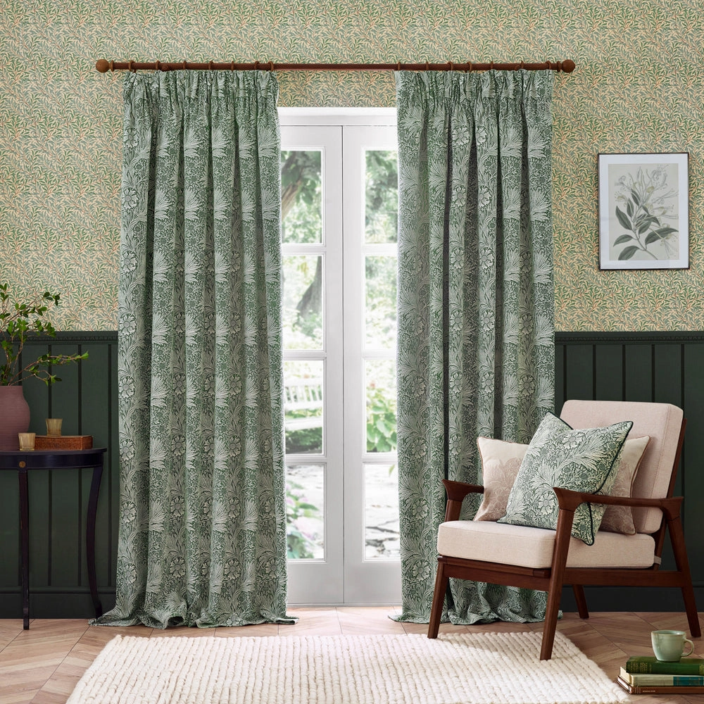Marigold Floral Jacquard Pencil Pleat Curtains Leaf Green