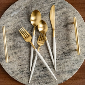 Mazzy Gold Satin White Pom Handle 20 Piece Flatware Setsummer decor ,outdoor summer decor 