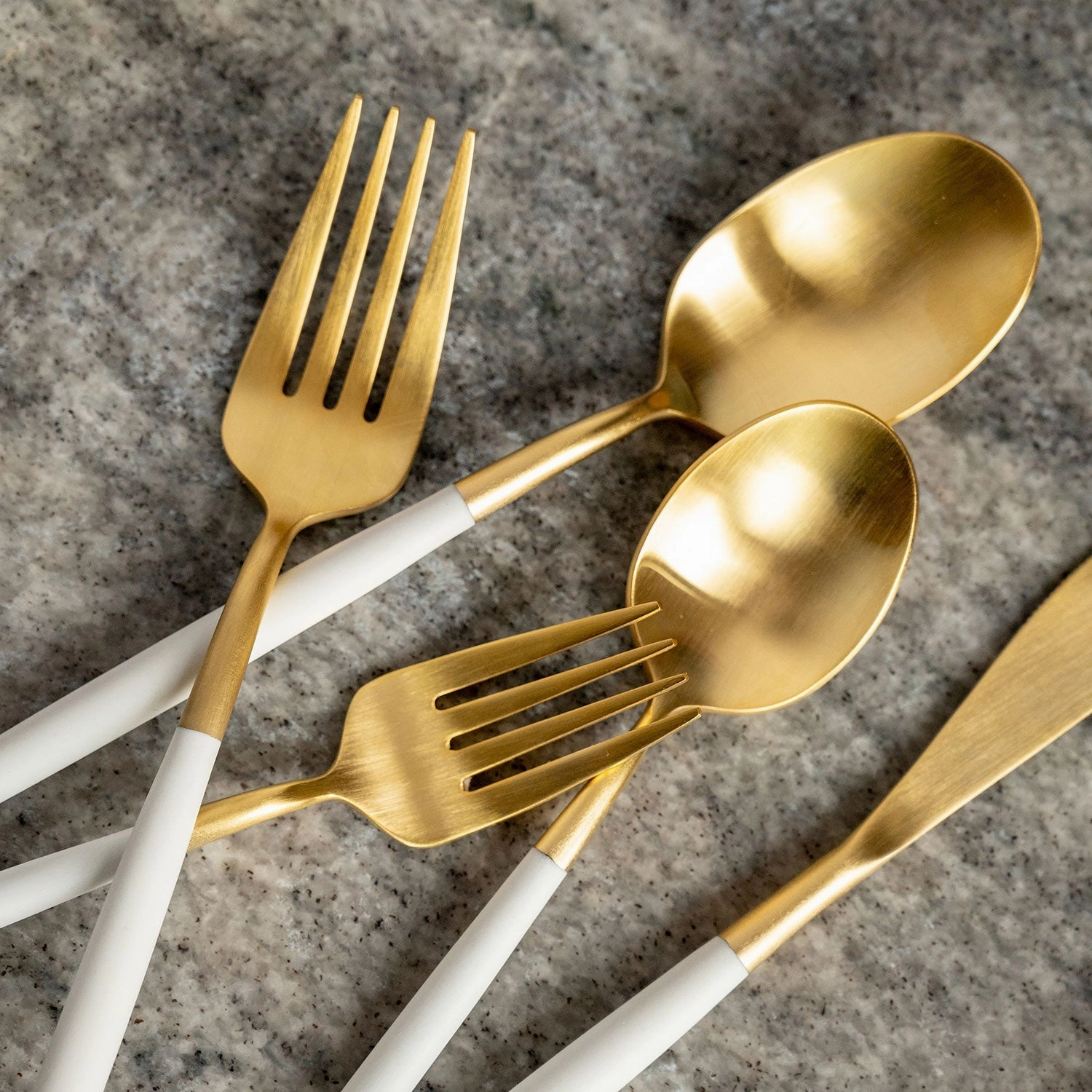 Mazzy Gold Satin White Pom Handle 20 Piece Flatware Set