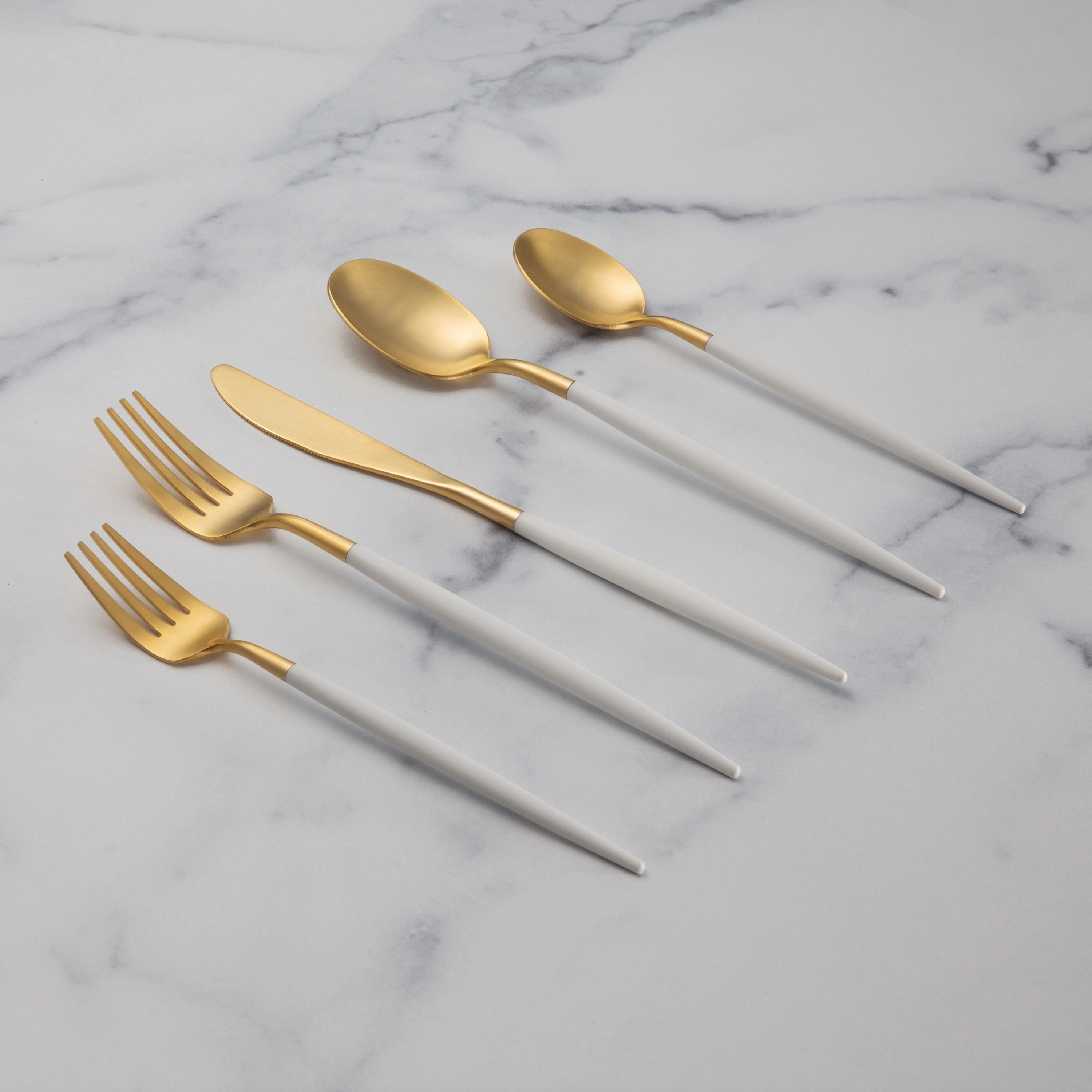 Mazzy Gold Satin White Pom Handle 20 Piece Flatware Set