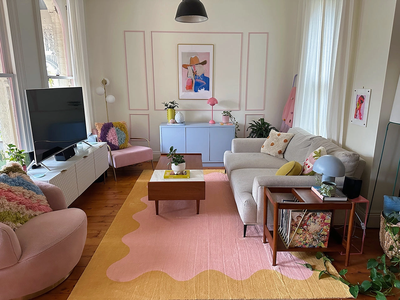Melody Pink and Yellow Wiggle Bordered Washable Rug