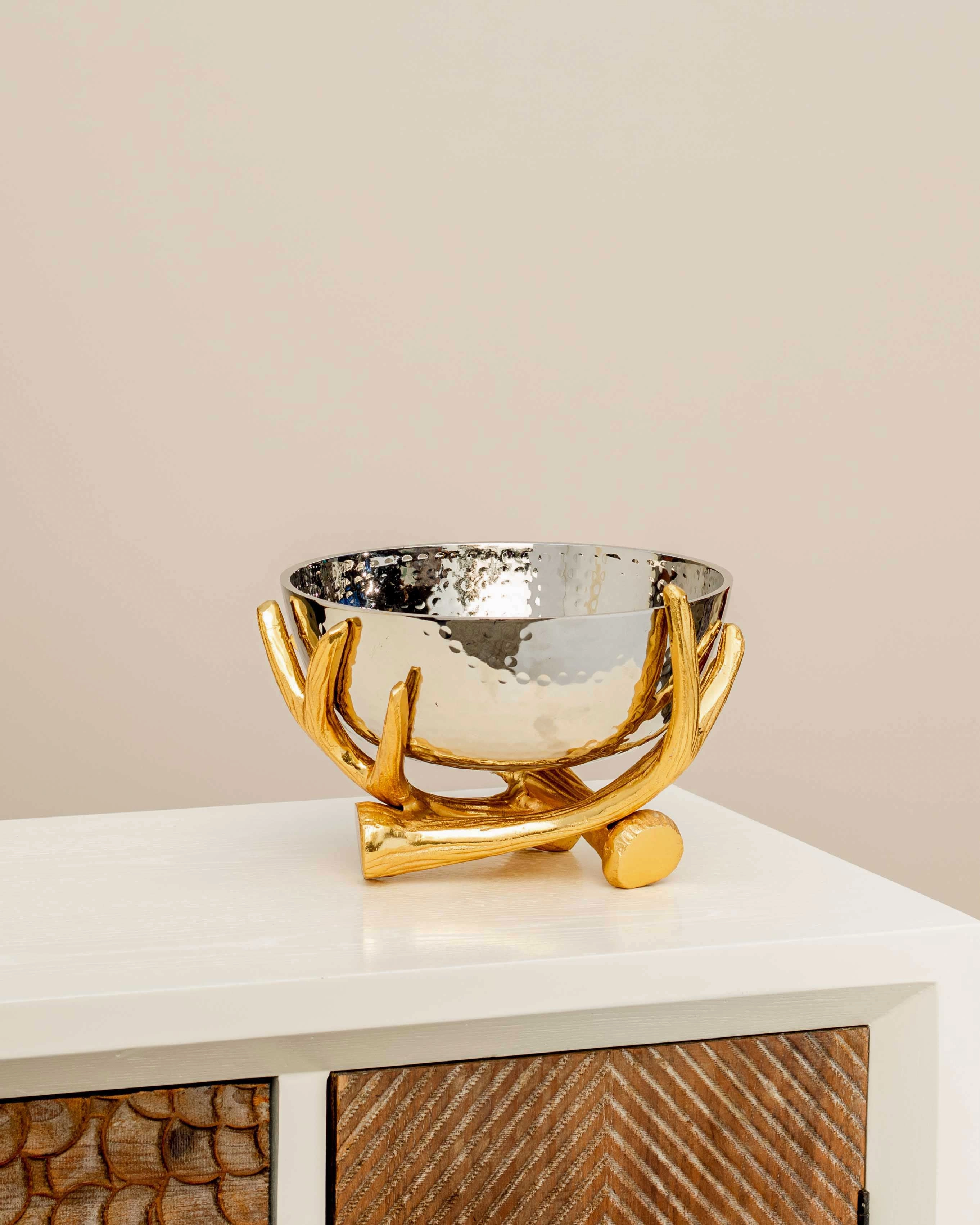 Metallic Silver Bowl With Rustic Gold Twig Stand - Largemodern kitchen decor ,kitchen dinner set ,dinnerware 