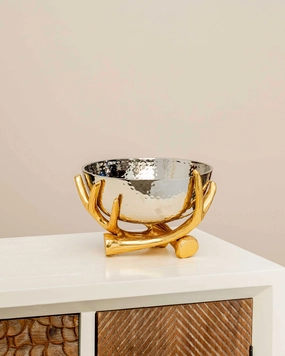 Metallic Silver Bowl With Rustic Gold Twig Stand - Largemodern kitchen decor ,kitchen dinner set ,dinnerware 