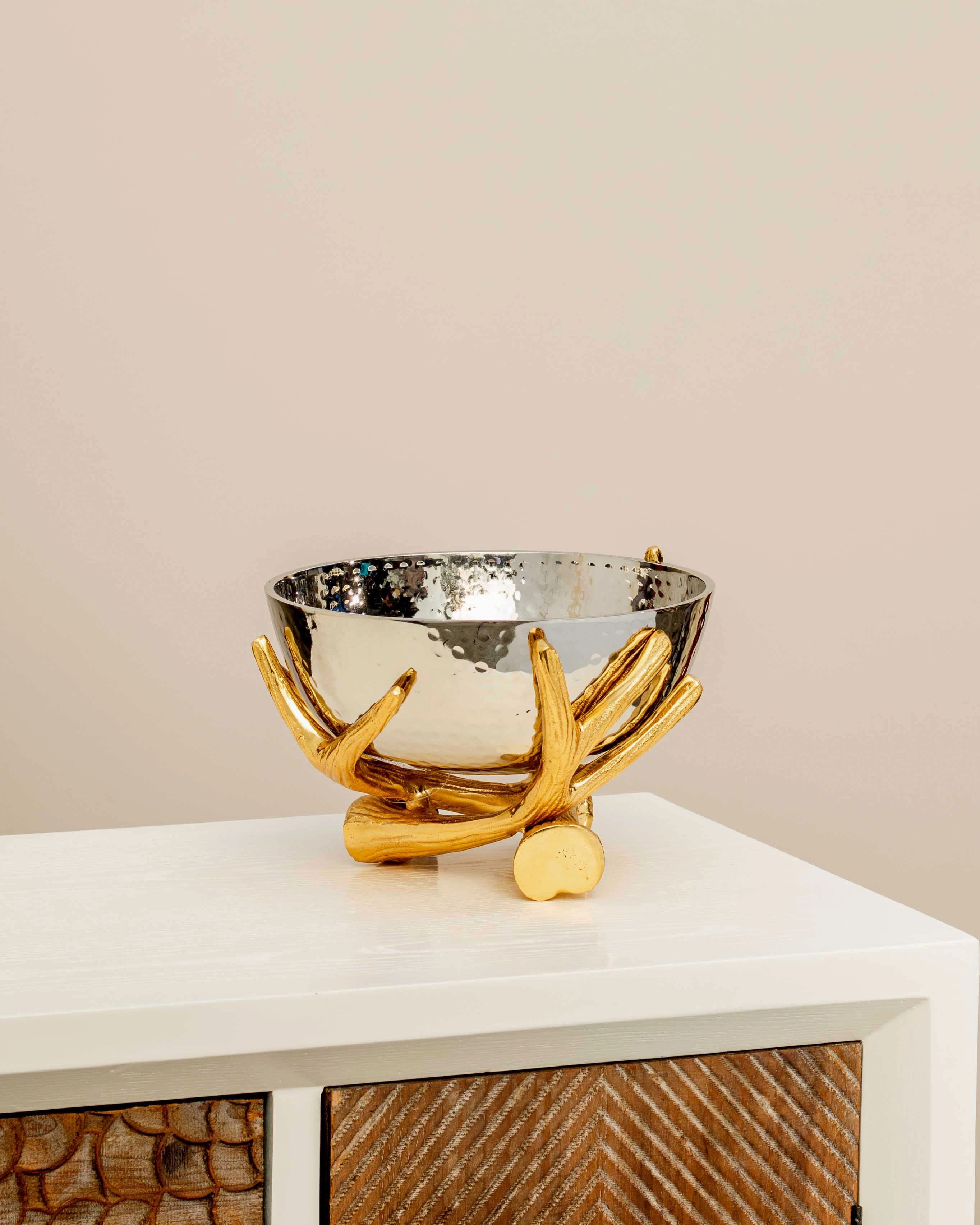 Metallic Silver Bowl With Rustic Gold Twig Stand - Large