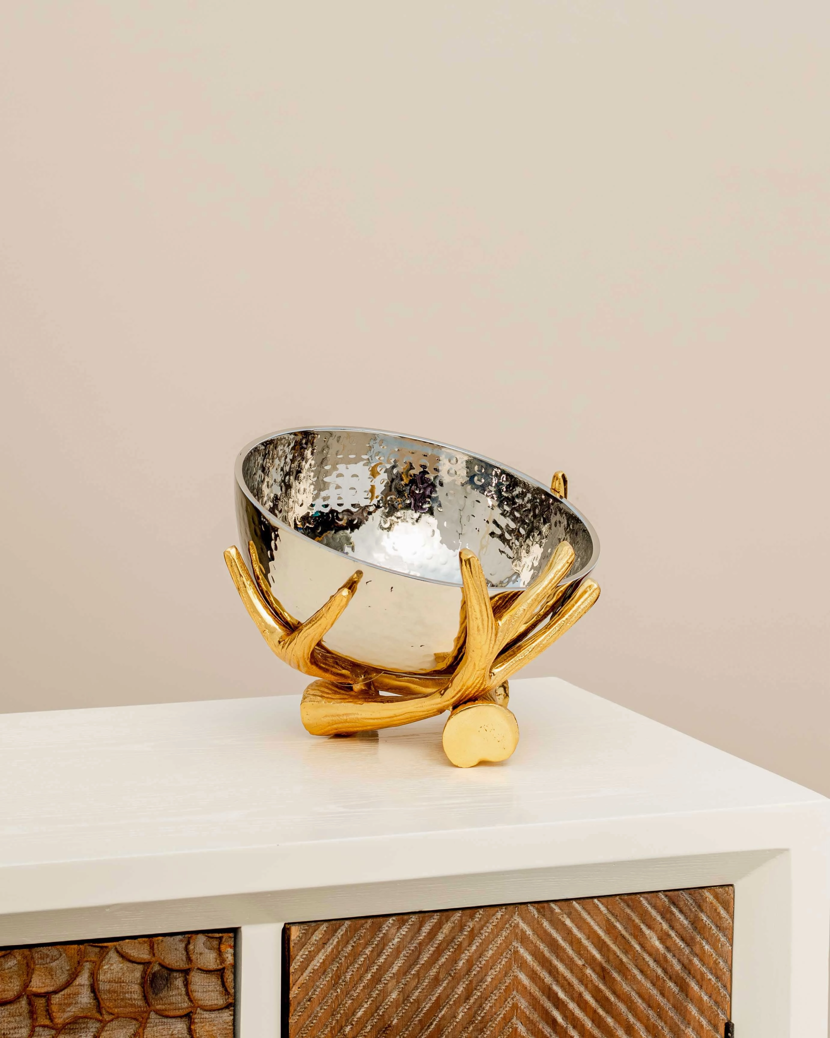 Metallic Silver Bowl With Rustic Gold Twig Stand - Large