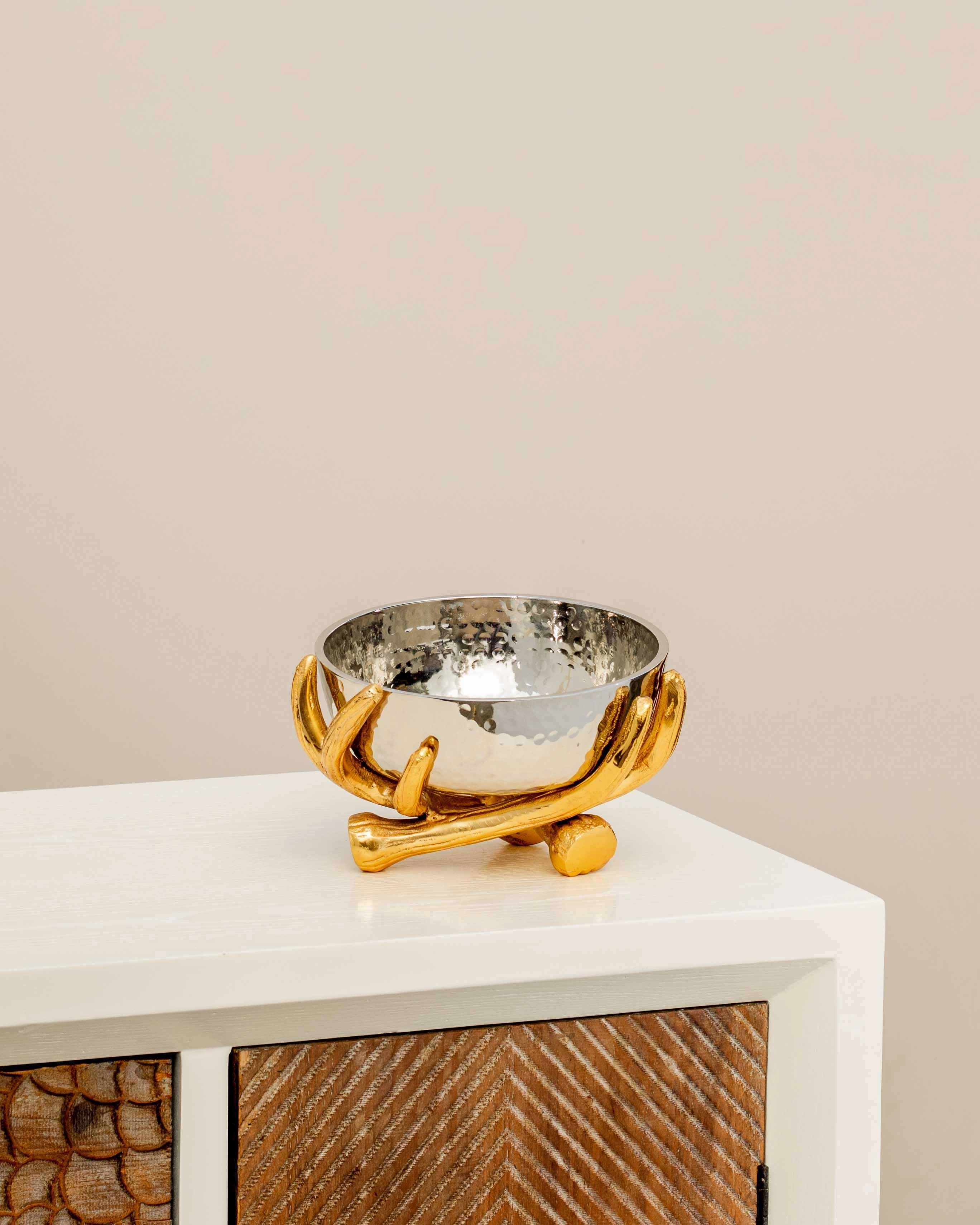 Metallic Silver Bowl With Rustic Gold Twig Stand - Smallmodern kitchen decor ,kitchen dinner set ,dinnerware 