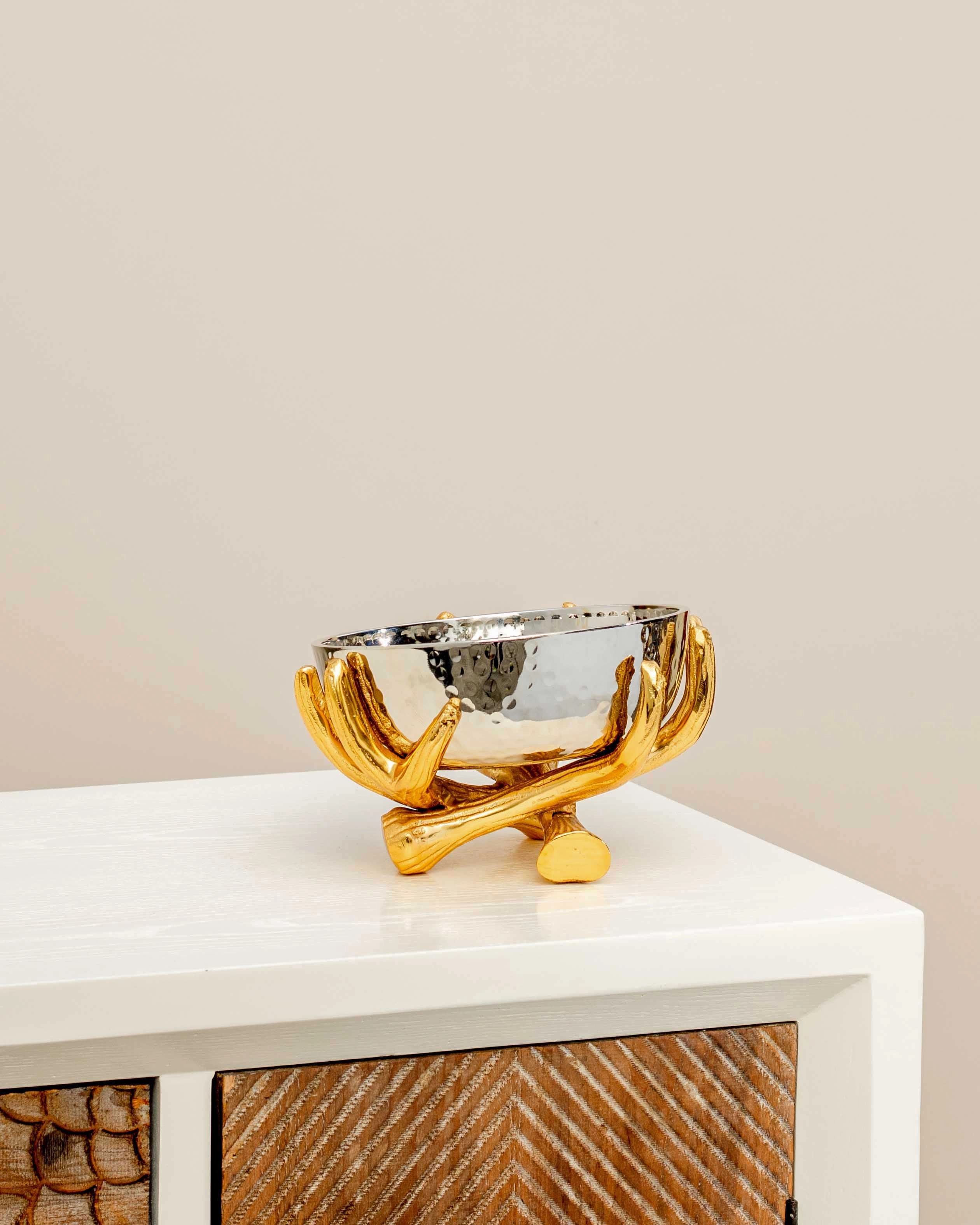 Metallic Silver Bowl With Rustic Gold Twig Stand - Small