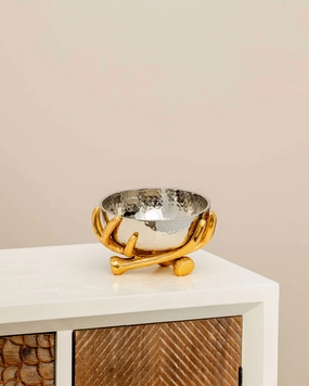 Metallic Silver Bowl With Rustic Gold Twig Stand - Smallmodern kitchen decor ,kitchen dinner set ,dinnerware 