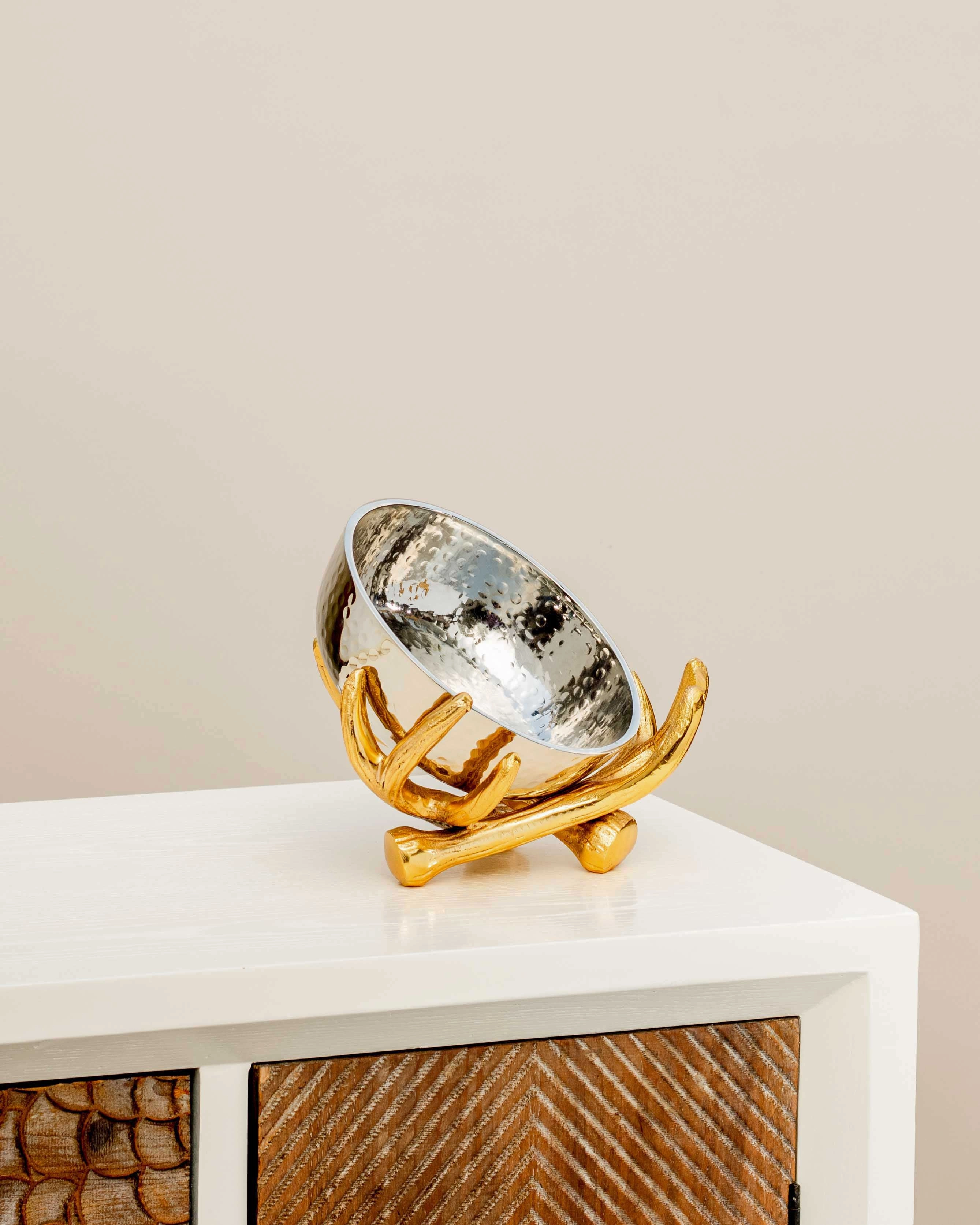 Metallic Silver Bowl With Rustic Gold Twig Stand - Small