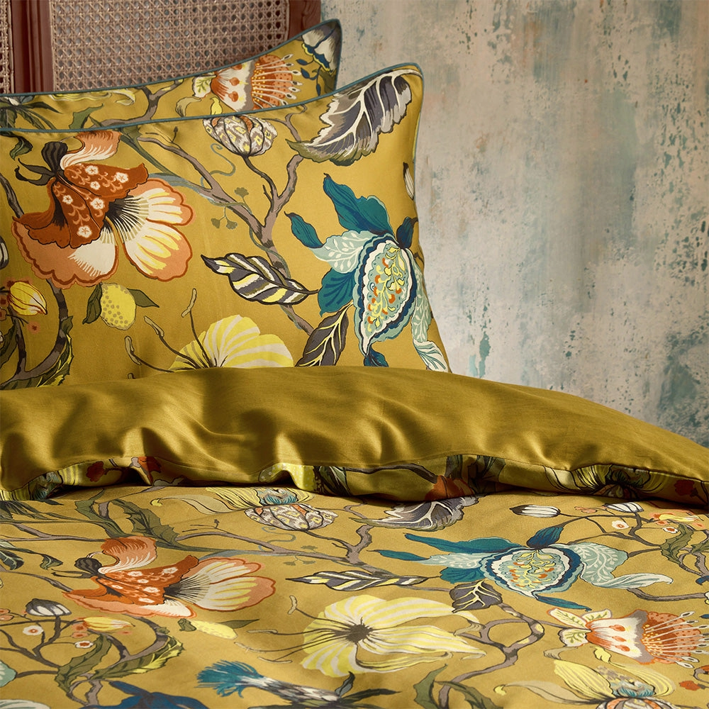 Morton Floral Printed Cotton Sateen Piped Duvet Cover Set Ochre