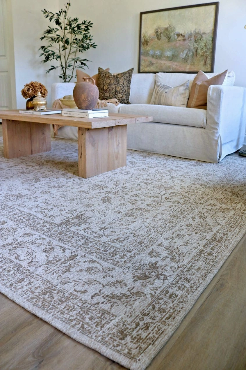 Moselle Beige and Brown Floral Distressed Rug *NO RETURNS UNLESS FAULTY