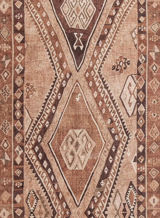 Necha Beige and Brown Tribal Washable Runner Rug