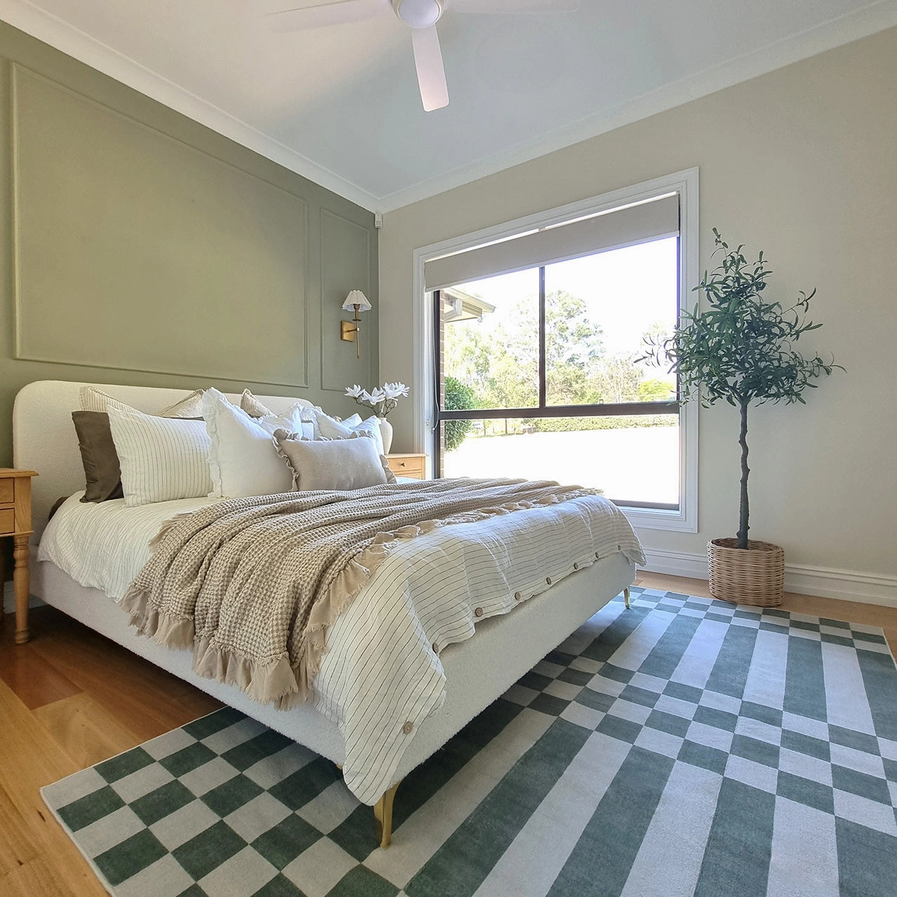 Nicolette Green and White Checkered and Striped Rug