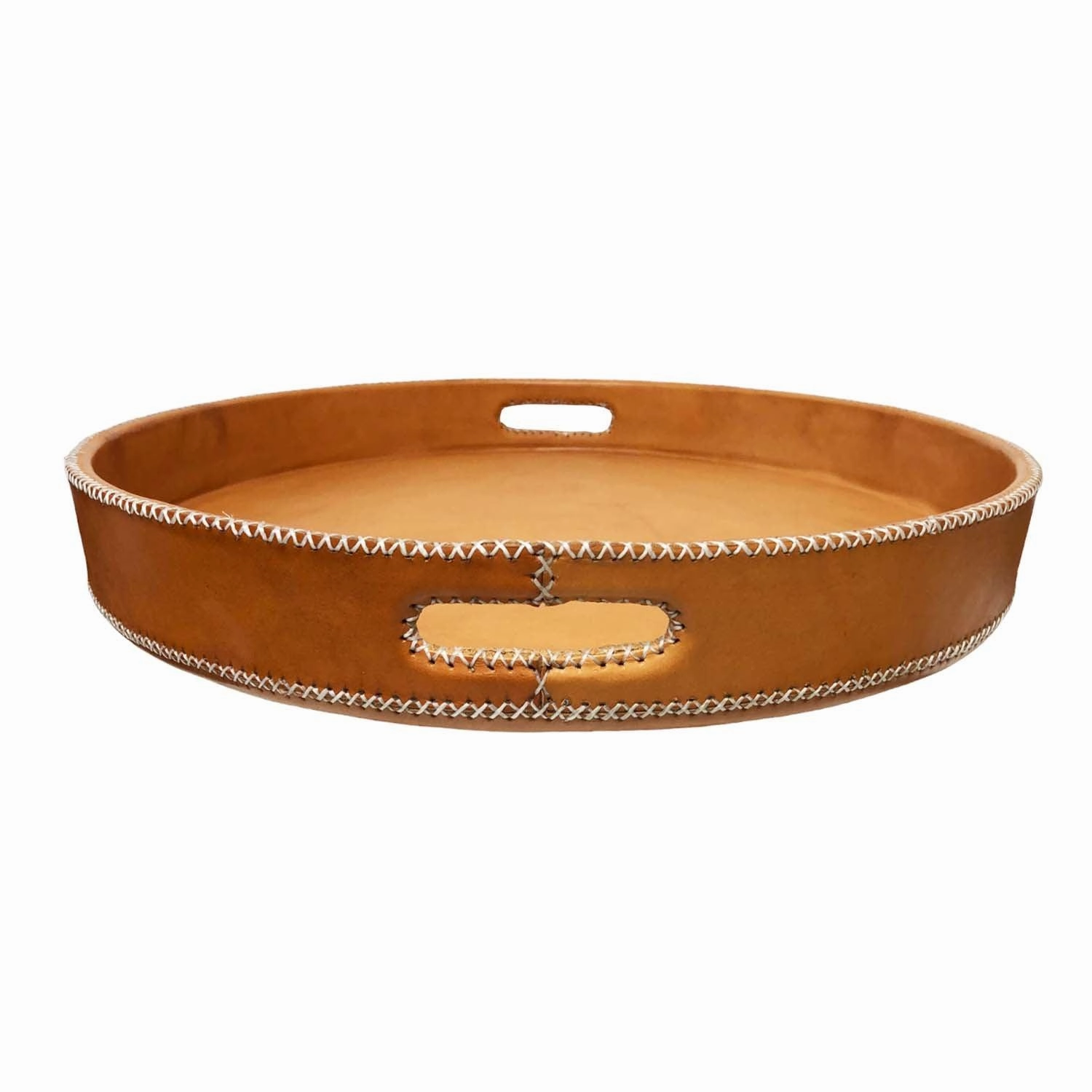Paraguayan Leather Round Ottoman Serving Tray
