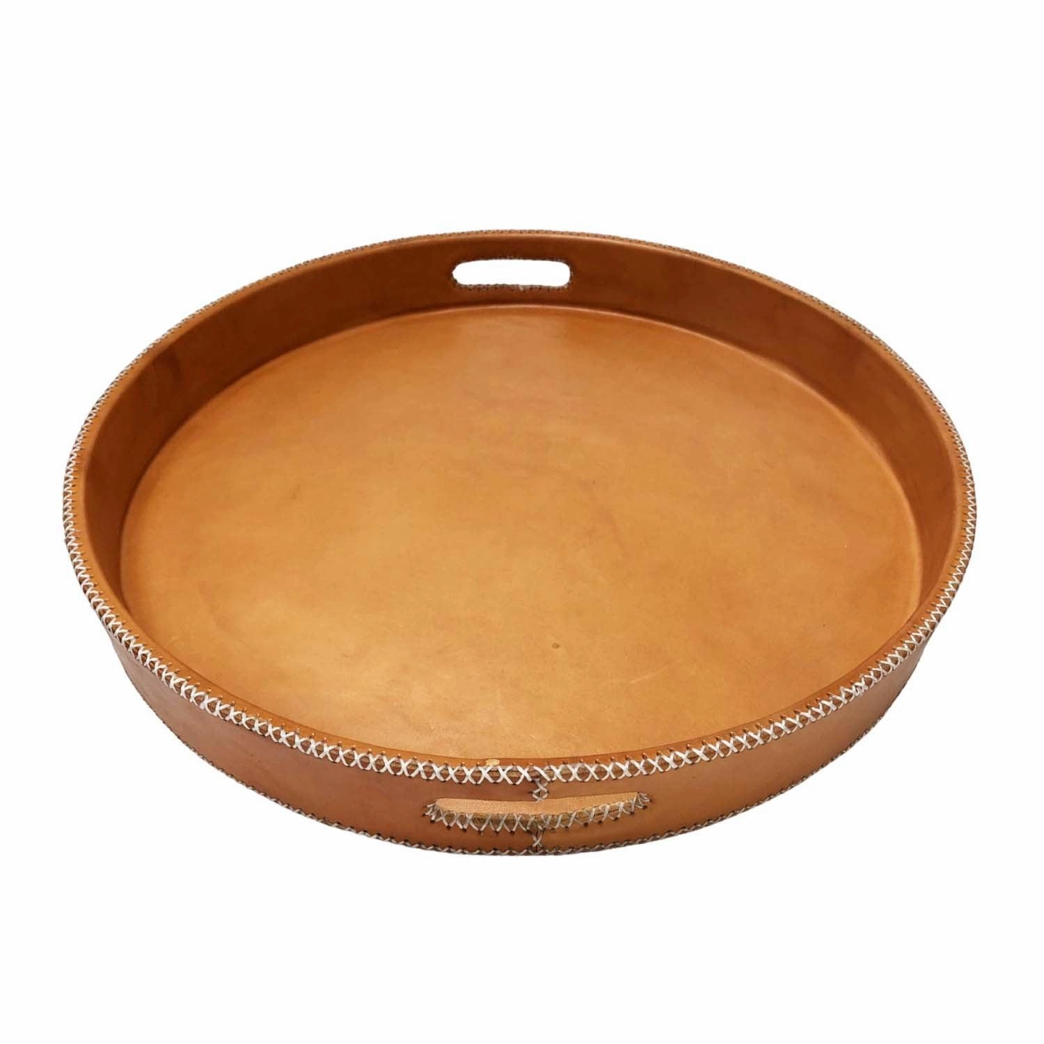 Paraguayan Leather Round Ottoman Serving Tray