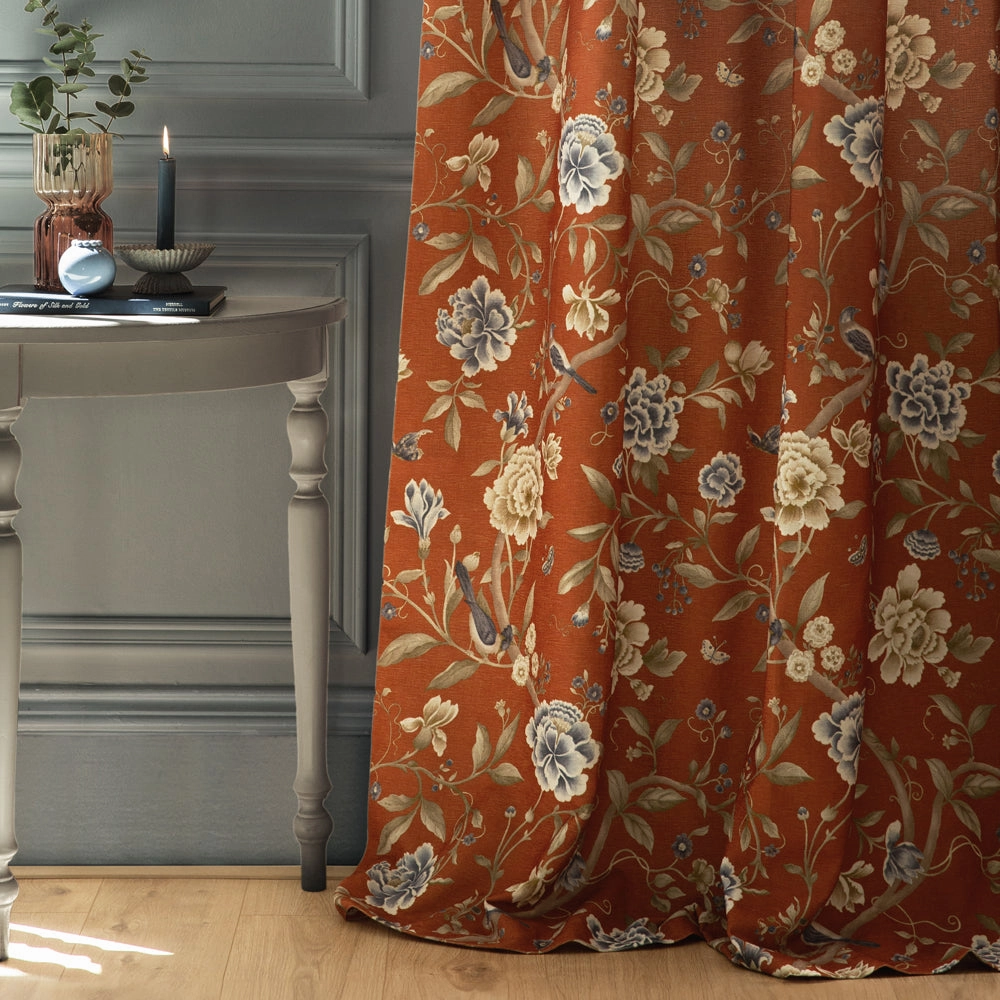 Porcelain Garden Printed Chenille Pencil Pleat Curtains Rust