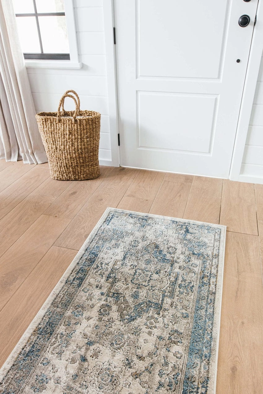 Rhona Blue And Grey Distressed Floral Runner Rug