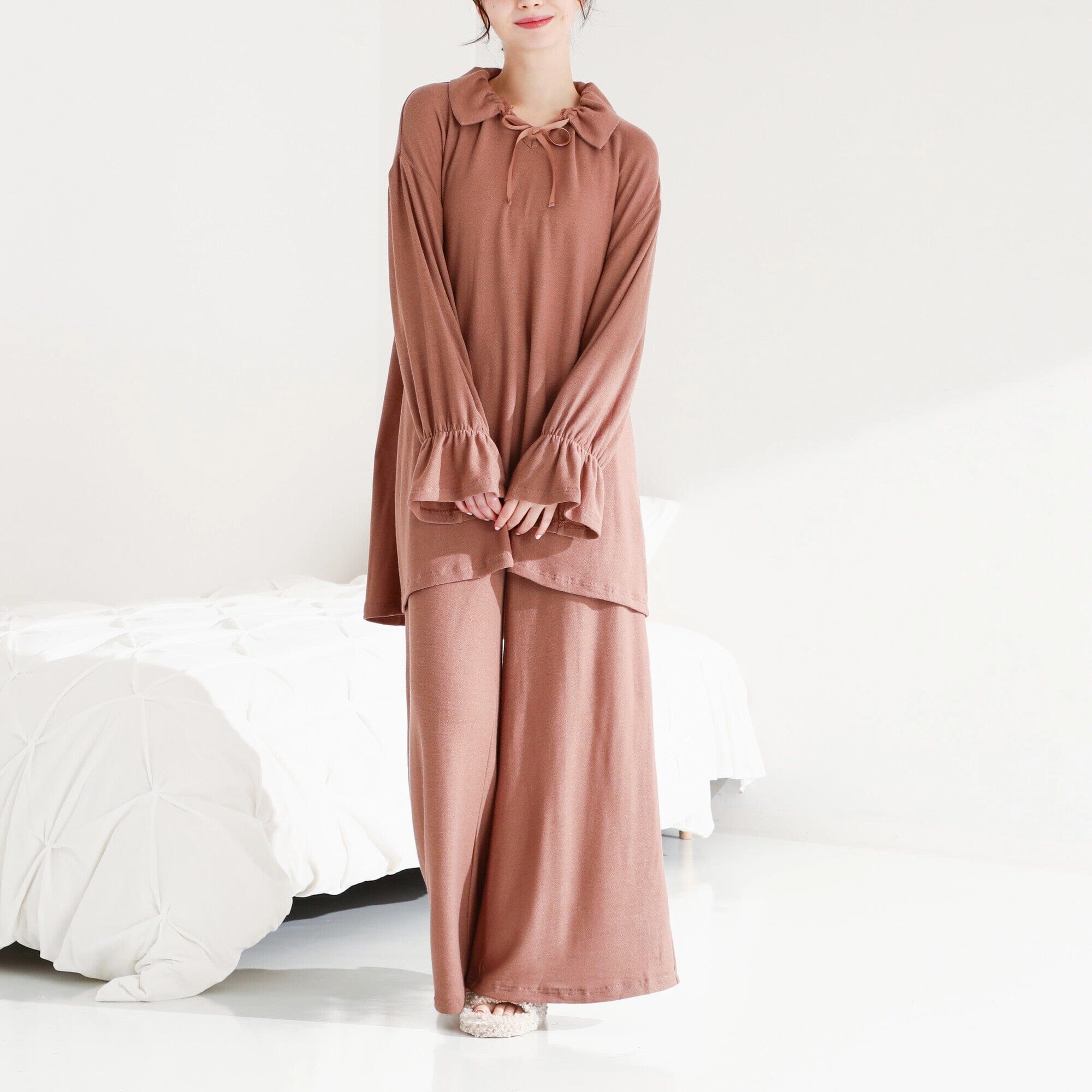 Ruffle Collar Knit Pajama Brown