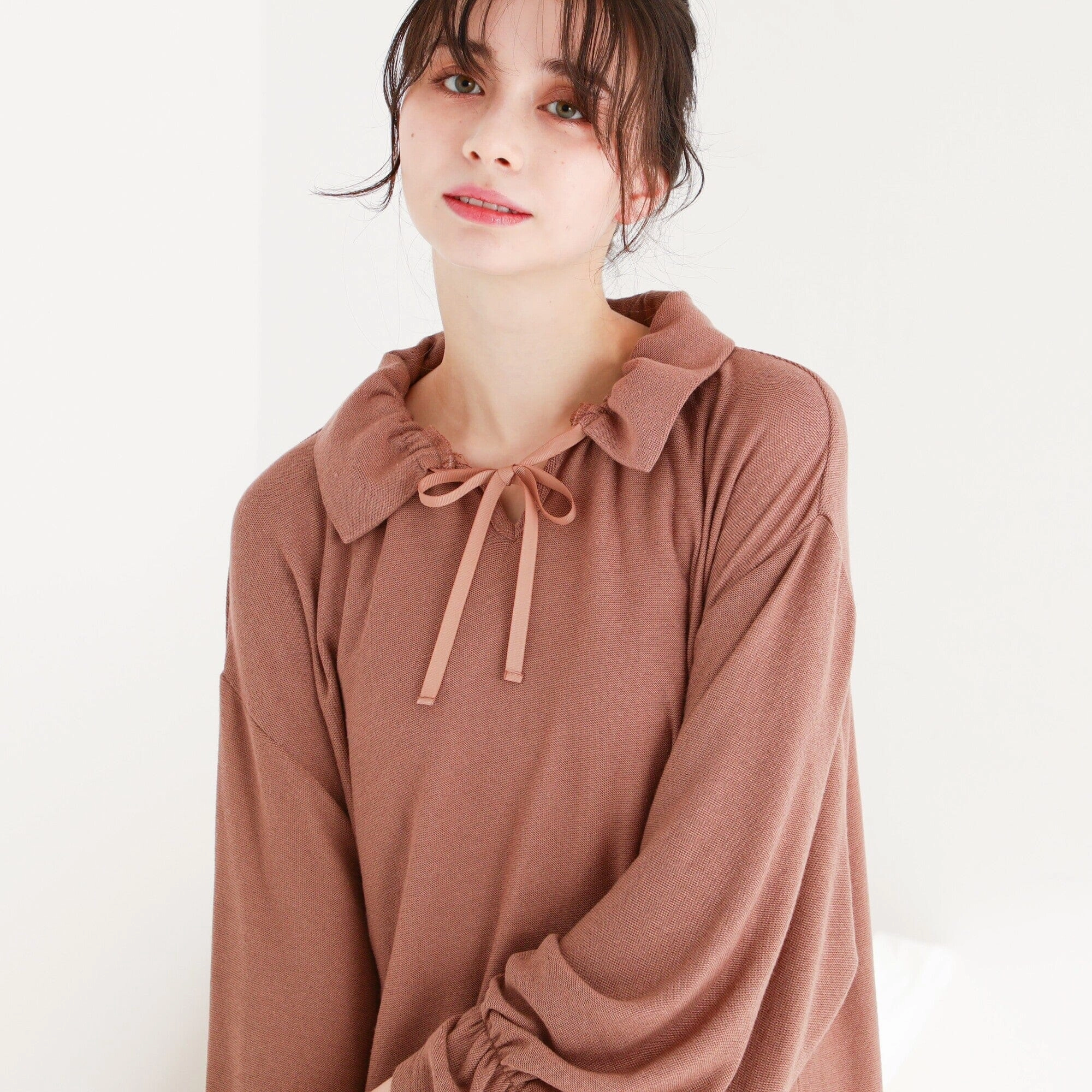 Ruffle Collar Knit Pajama Brown