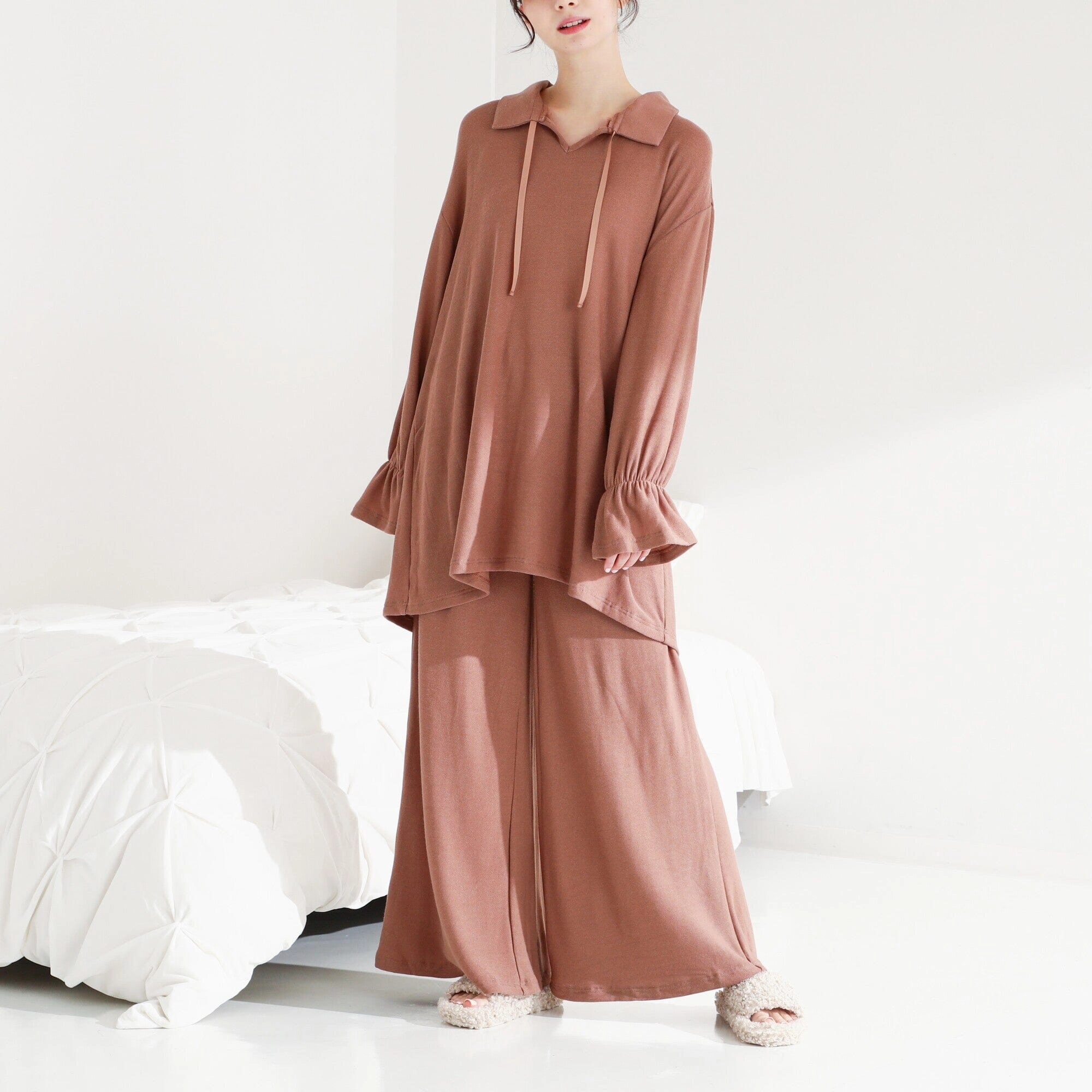 Ruffle Collar Knit Pajama Brown