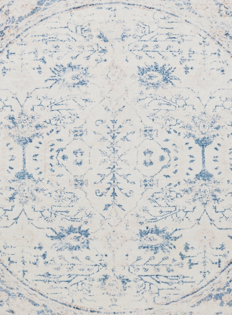Sarafina Blue and Grey Distressed Washable Round Rug