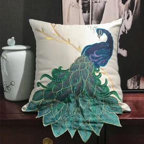 Satin Embroidered Peacock Throw Cushionhome decoration ,modern home decor 