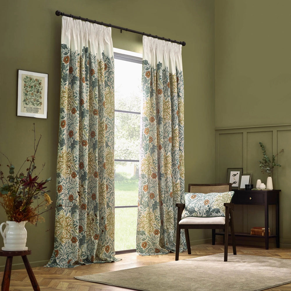 Seaweed Printed Velvet Pencil Pleat Curtains Stone/Sunflower