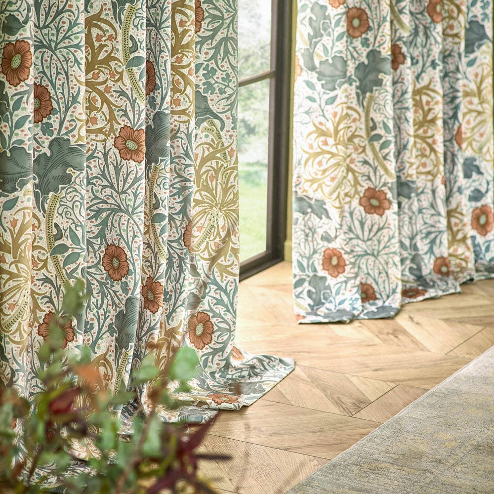 Seaweed Printed Velvet Pencil Pleat Curtains Stone/Sunflower