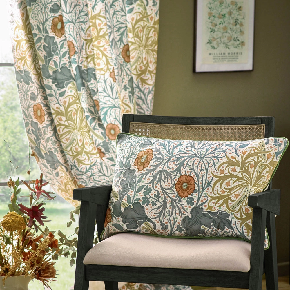 Seaweed Printed Velvet Pencil Pleat Curtains Stone/Sunflower
