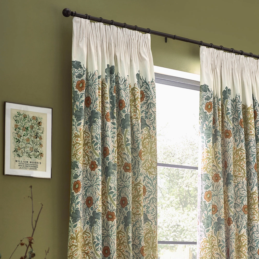 Seaweed Printed Velvet Pencil Pleat Curtains Stone/Sunflower