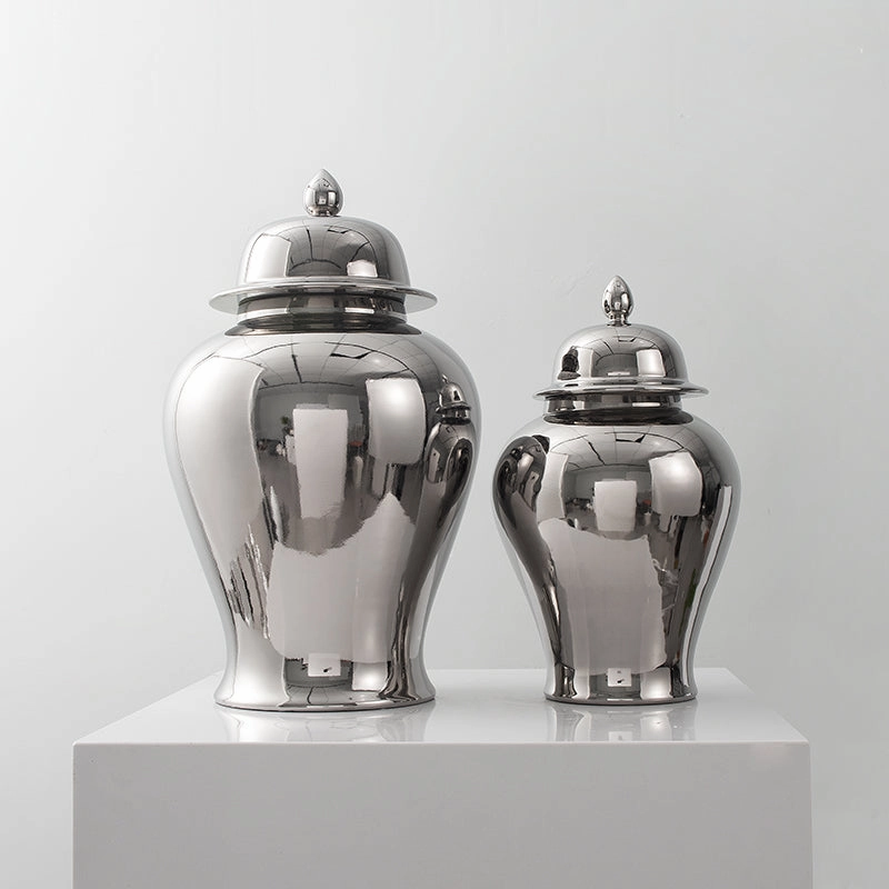 Silver Ceramic Chinese Urn