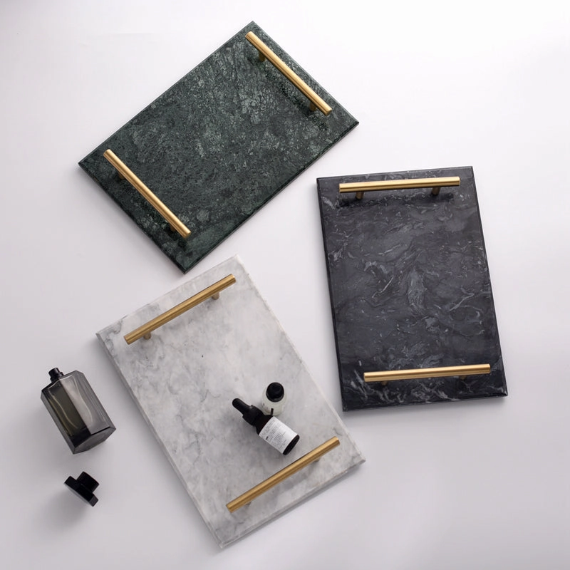 Solid Marble Serving Tray with Gold Handles