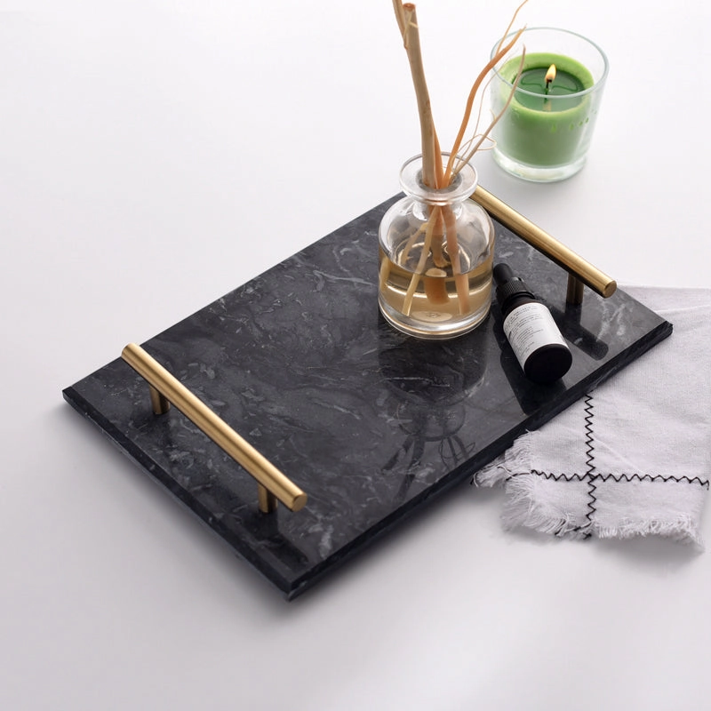 Solid Marble Serving Tray with Gold Handles