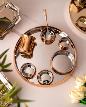 Steel 8-Piece Thali Set - Copper   Steel Colourmodern kitchen decor ,kitchen dinner set ,dinnerware 