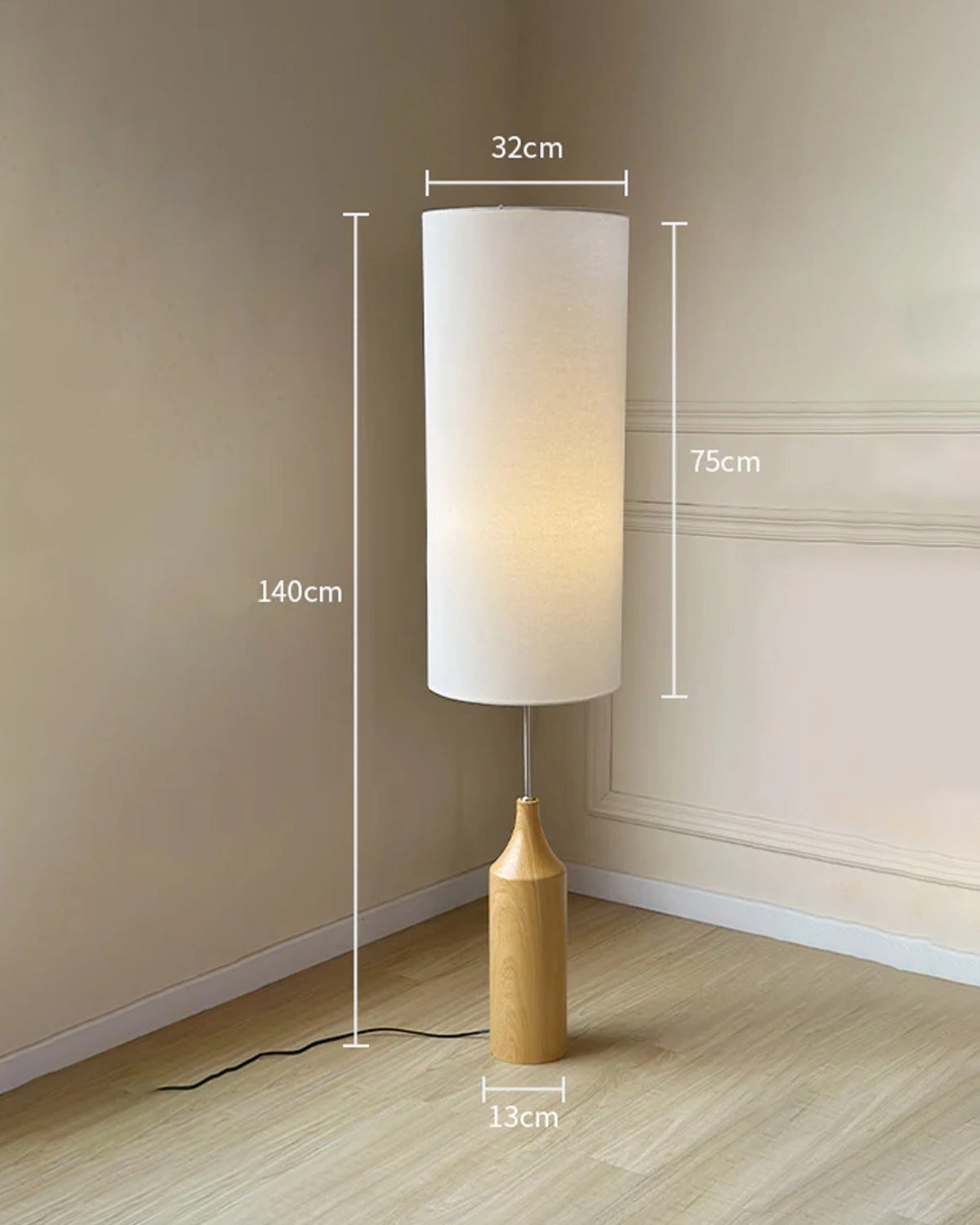 Tall Fabric Shade with Wooden Base Floor Lamp
