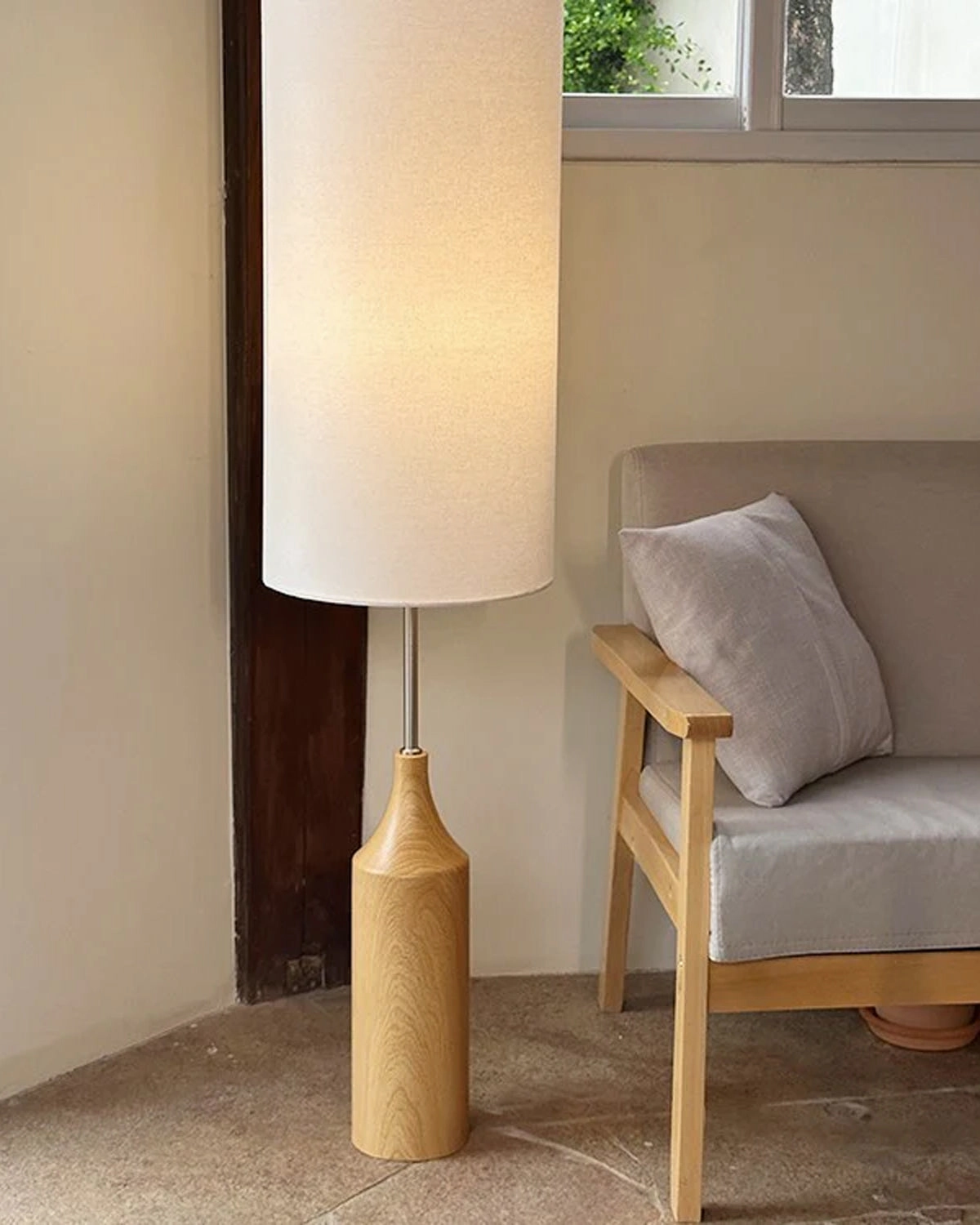 Tall Fabric Shade with Wooden Base Floor Lamp