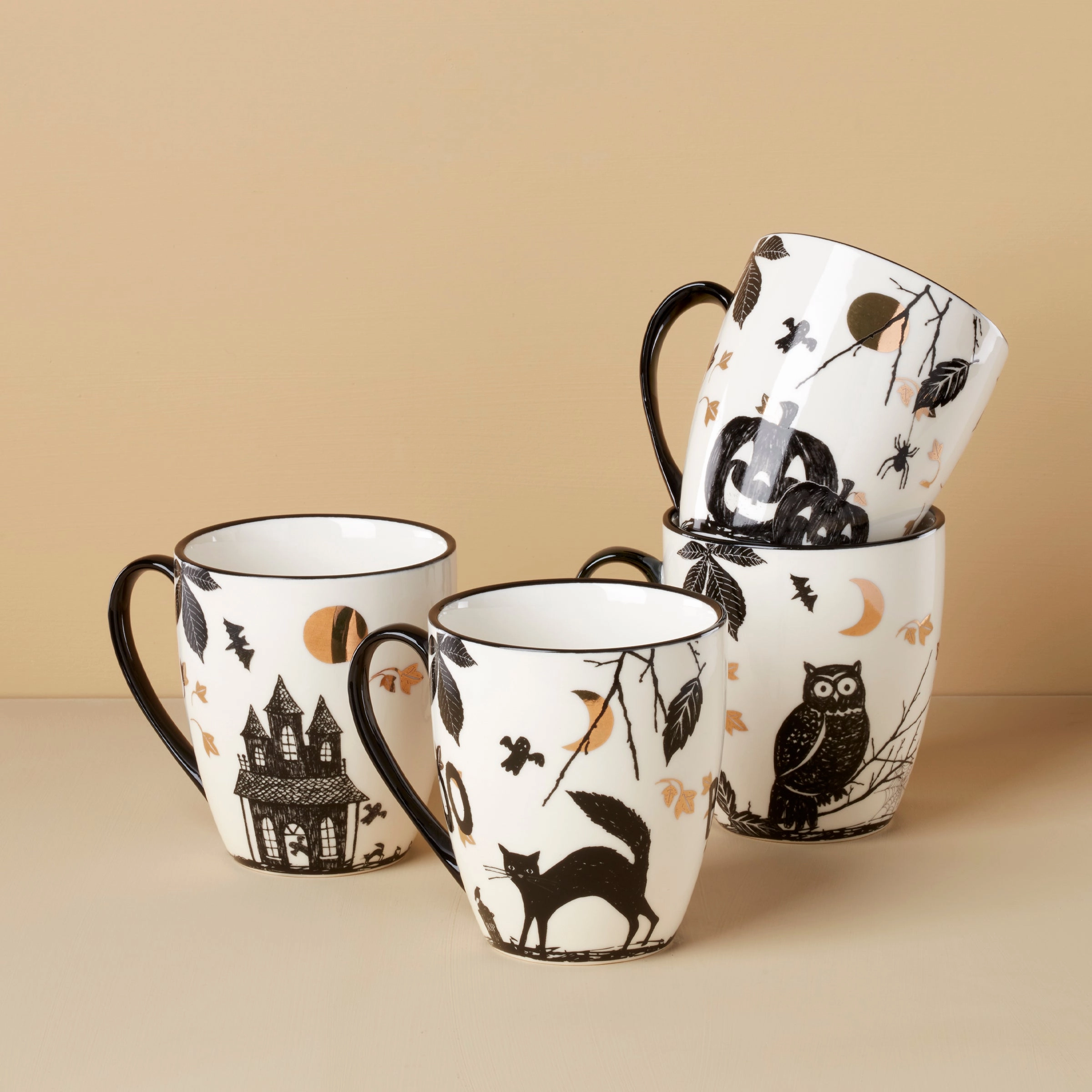 Vintage Haunted Halloween Mugs - Set of 4 - Assorted