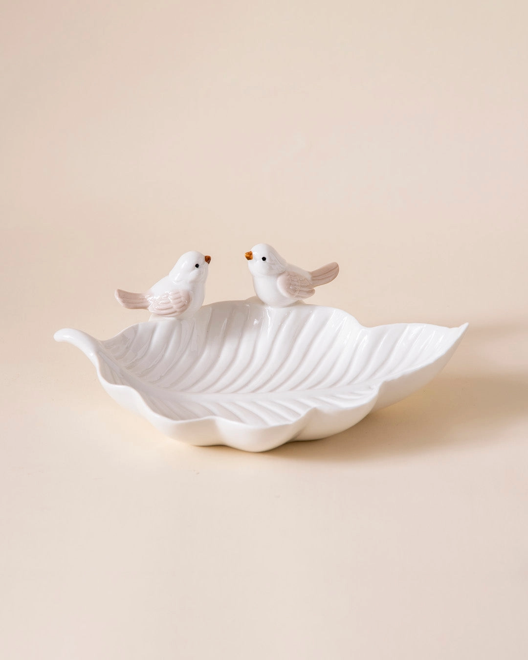 Whispering Birds Leaf Ring Dish - White