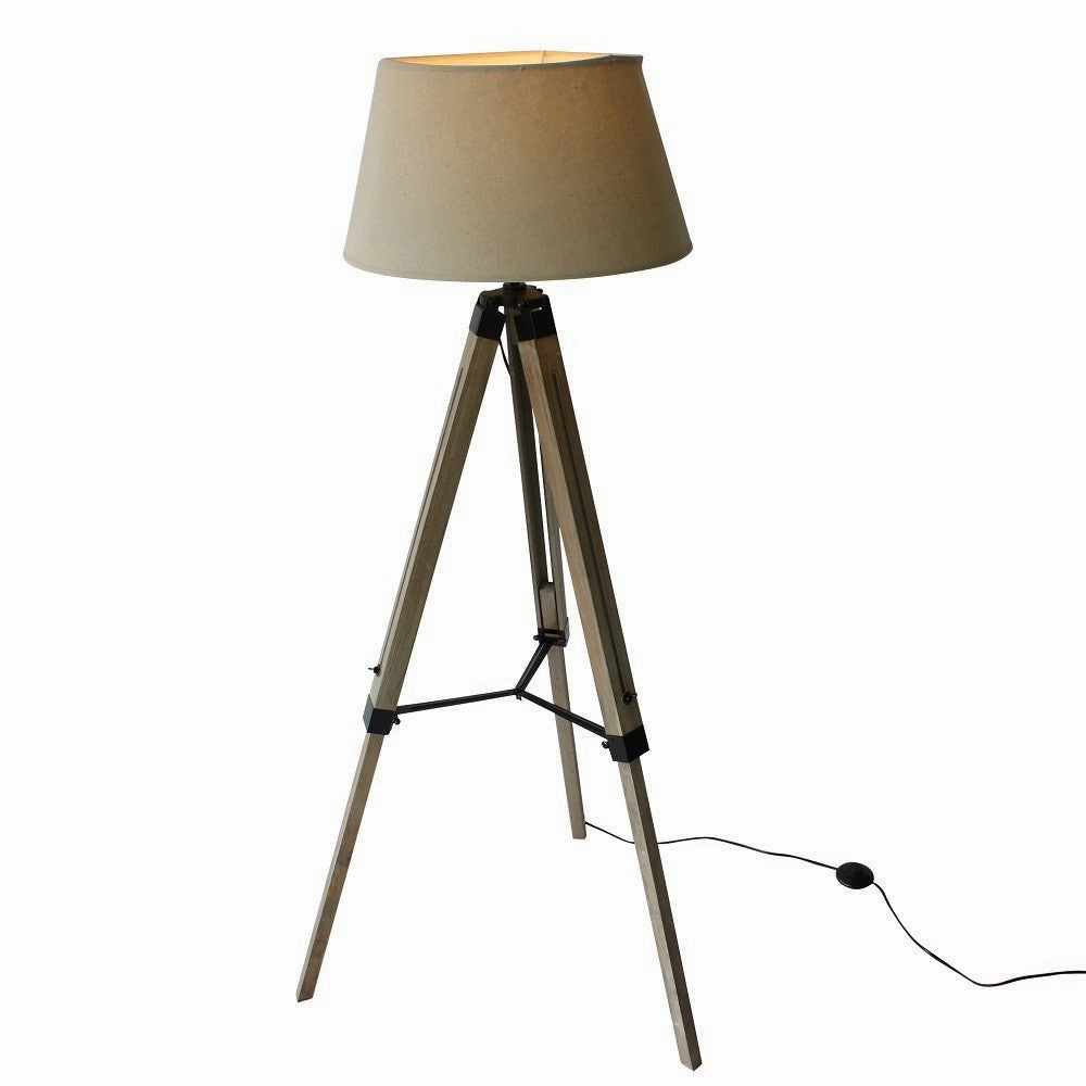 Wood Tripod Floorlamp with Beige Shade